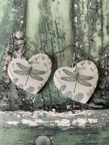 White and Green Dragon Fly Print Wooden Heart Earrings with Stainless Steel Hooks