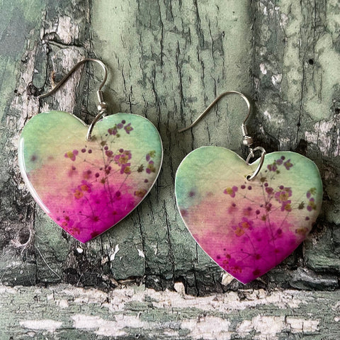 Green and Pink Floral Blossom Print Wooden Heart Earrings with Stainless Steel Hooks