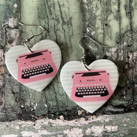 Royal Pink Vintage Typewriter Print Wooden Heart Earrings with Stainless Steel Hooks