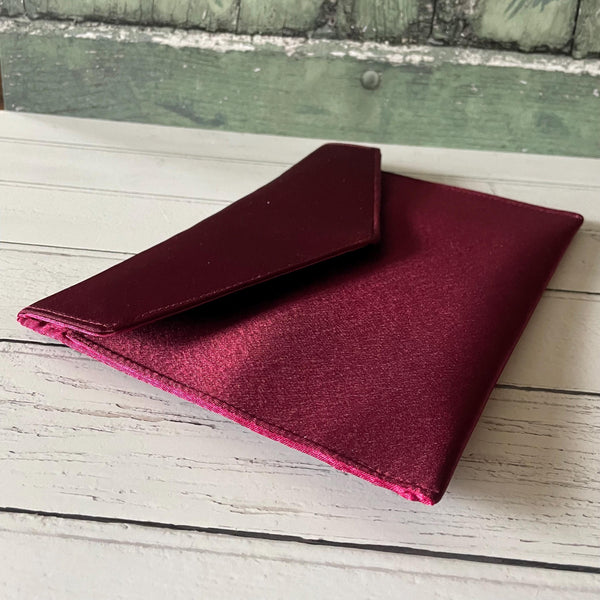 Wine Red Satin Slim Fold Over Envelope Clutch Bag