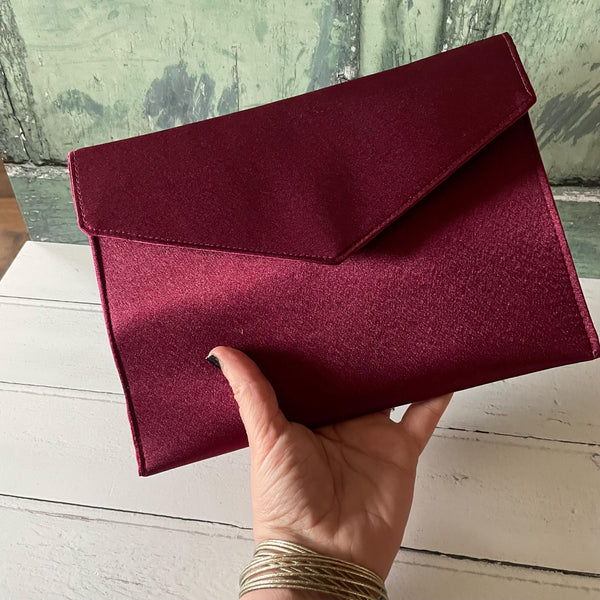 Wine Red Satin Slim Fold Over Envelope Clutch Bag