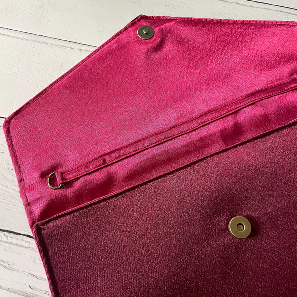 Wine Red Satin Slim Fold Over Envelope Clutch Bag