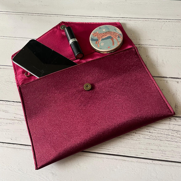 Wine Red Satin Slim Fold Over Envelope Clutch Bag