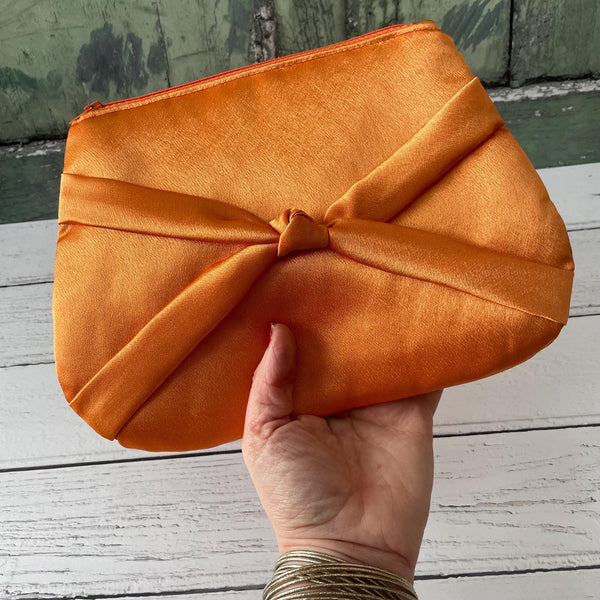 Orange Satin Bow Zipper Wristlet Clutch Bag