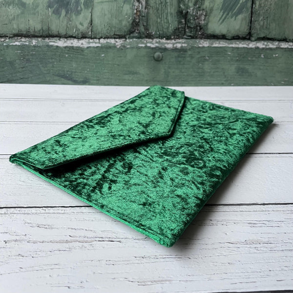 Jewel Green Crushed Velvet Slim Fold Over Envelope Clutch Bag