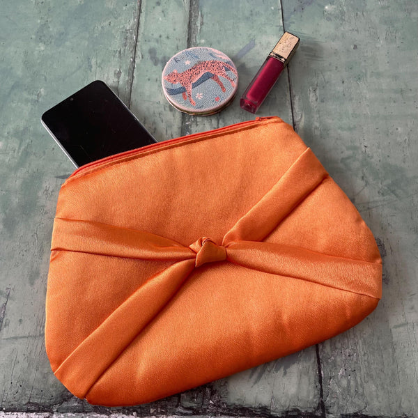 Orange Satin Bow Zipper Wristlet Clutch Bag