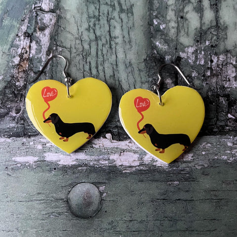 Yellow Black Dachshund Dog Love Heart Balloon Wooden Earrings with Stainless Steel Hooks