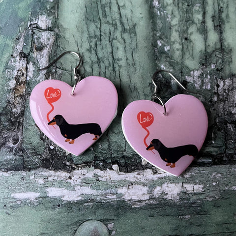 Pink Black Dachshund Dog Red Love Heart Balloon Wooden Earrings with Stainless Steel Hooks