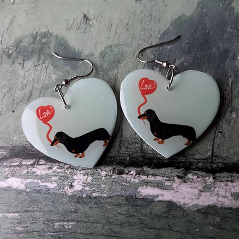 Green Black Dachshund Dog Red Love Heart Balloon Wooden Earrings with Stainless Steel Hooks