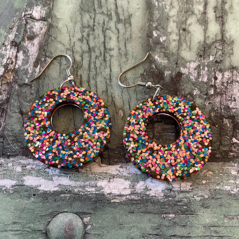 Confetti Glitter Round Hoop Dangle Stainless Steel Hook Earrings