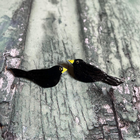 Blackbird Polymer Clay Stud Earrings with Stainless Steel Posts and Scroll Backs