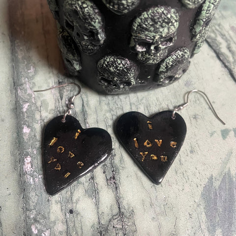 Black I love you hand blocked Polymer Clay Drop Earrings with Stainless Steel Hooks