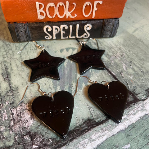 Black witch heart or star hand blocked Polymer Clay Drop Earrings with Stainless Steel Hooks