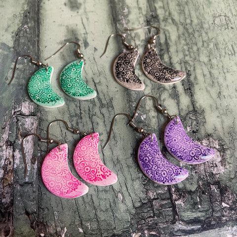 Waning cresent moon with Mandala pattern polymer clay earrings with stainless steel hooks