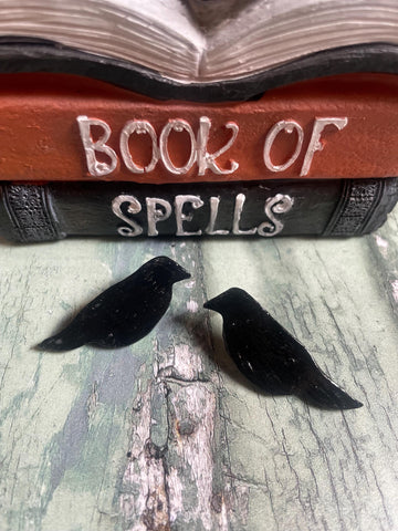 Black Ravens Bird Polymer Clay Stud Earrings with Stainless Steel Posts and Scroll Backs