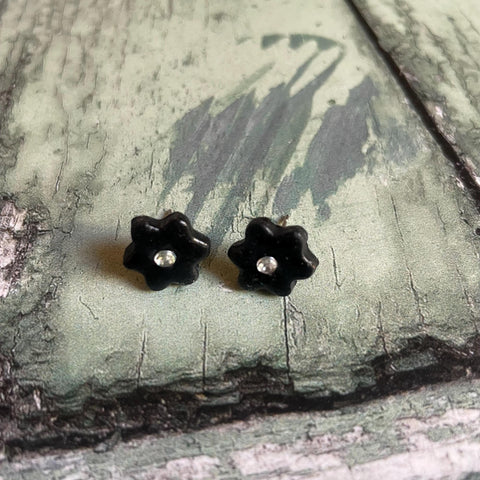Black Forget Me Nots Polymer Clay Floral Flower Stud Earrings with Stainless Steel Hooks