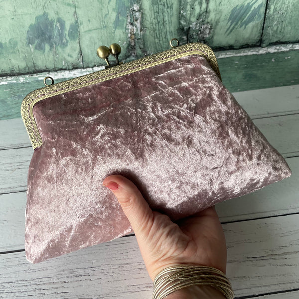 Light Mauve Crushed Velvet 8 Inch Bronze Clasp Purse Frame Clutch Bag