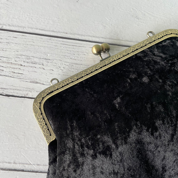 Black Crushed Velvet 8 Inch Bronze Clasp Purse Frame Clutch Bag