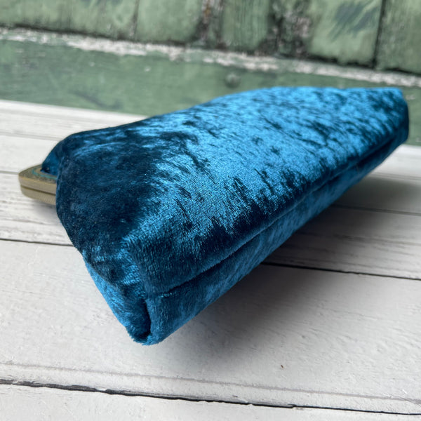 Petrol Blue Crushed Velvet 8 Inch Bronze Clasp Purse Frame Clutch Bag