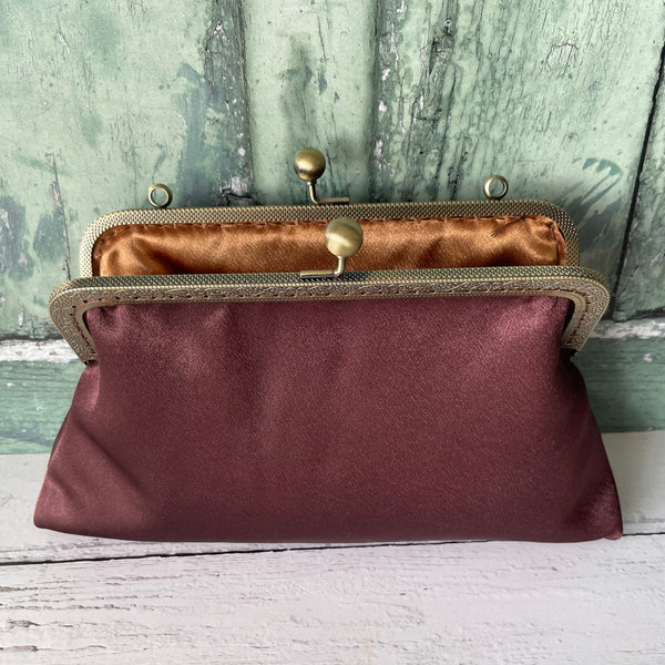 Chocolate Brown Satin 8 Inch Bronze Clasp Purse Frame Clutch Bag