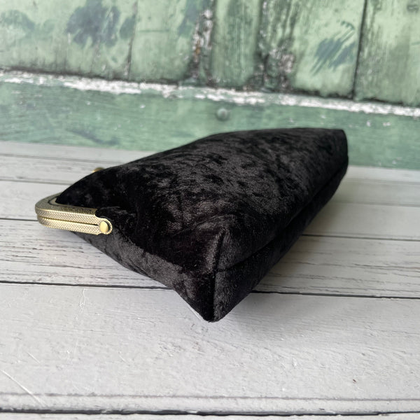 Black Crushed Velvet 8 Inch Bronze Clasp Purse Frame Clutch Bag