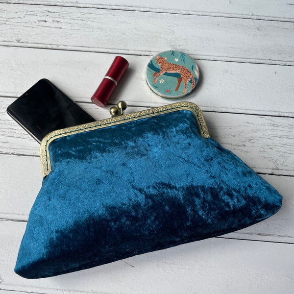 Petrol Blue Crushed Velvet 8 Inch Bronze Clasp Purse Frame Clutch Bag