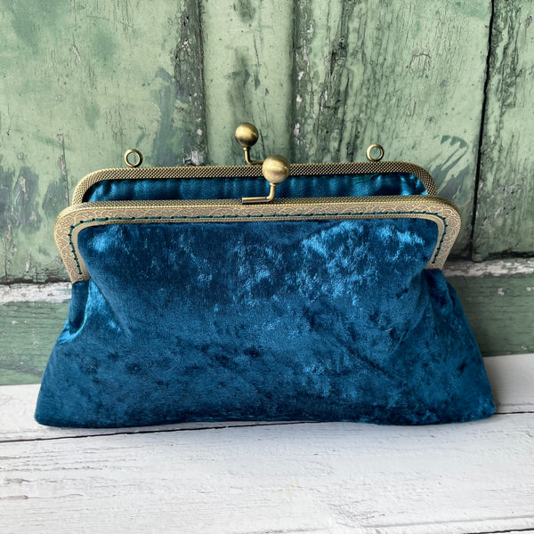 Petrol Blue Crushed Velvet 8 Inch Bronze Clasp Purse Frame Clutch Bag