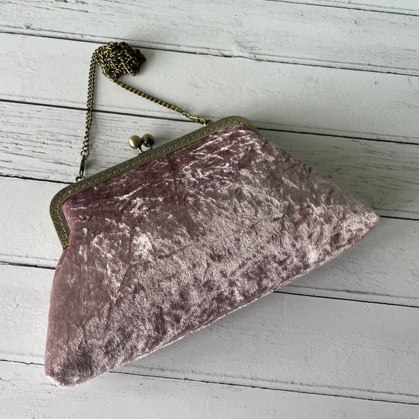 Light Mauve Crushed Velvet 8 Inch Bronze Clasp Purse Frame Clutch Bag