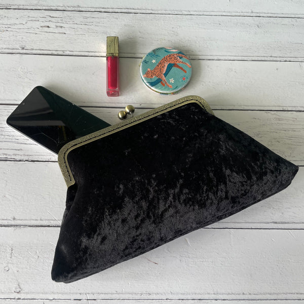 Black Crushed Velvet 8 Inch Bronze Clasp Purse Frame Clutch Bag