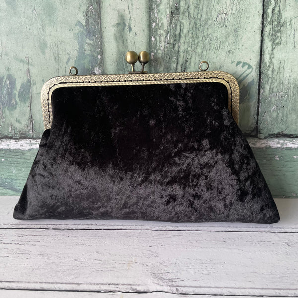 Black Crushed Velvet 8 Inch Bronze Clasp Purse Frame Clutch Bag