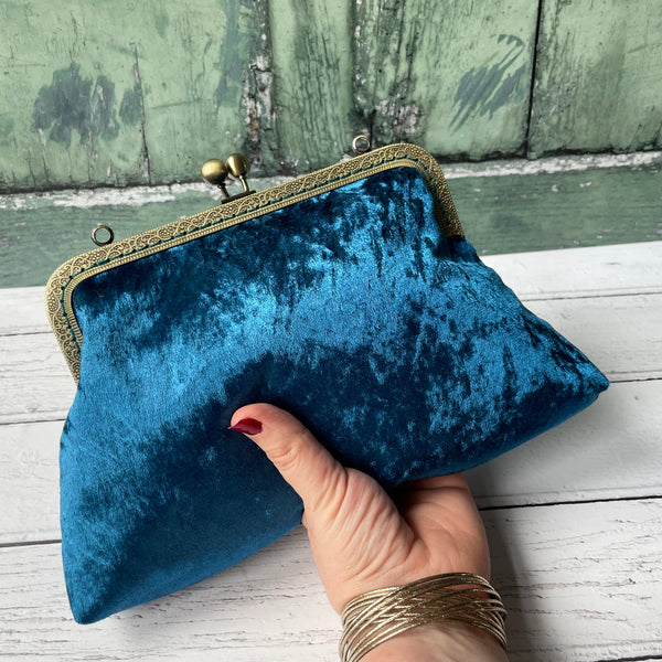 Petrol Blue Crushed Velvet 8 Inch Bronze Clasp Purse Frame Clutch Bag