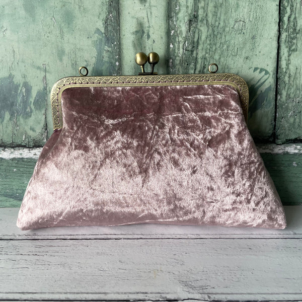 Light Mauve Crushed Velvet 8 Inch Bronze Clasp Purse Frame Clutch Bag