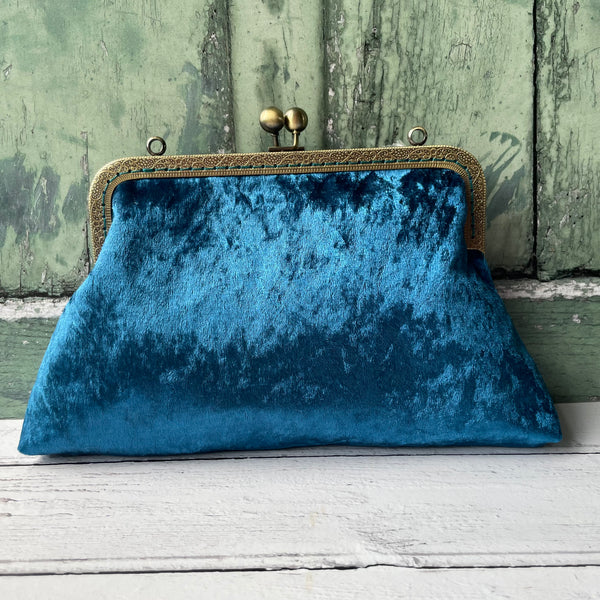 Petrol Blue Crushed Velvet 8 Inch Bronze Clasp Purse Frame Clutch Bag
