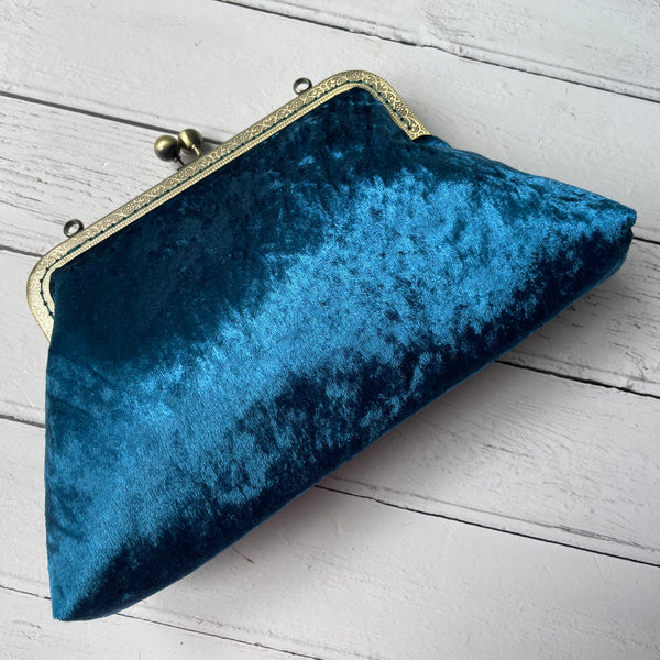 Petrol Blue Crushed Velvet 8 Inch Bronze Clasp Purse Frame Clutch Bag