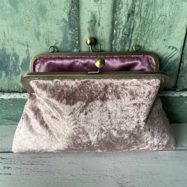 Light Mauve Crushed Velvet 8 Inch Bronze Clasp Purse Frame Clutch Bag