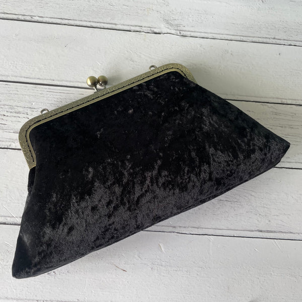 Black Crushed Velvet 8 Inch Bronze Clasp Purse Frame Clutch Bag