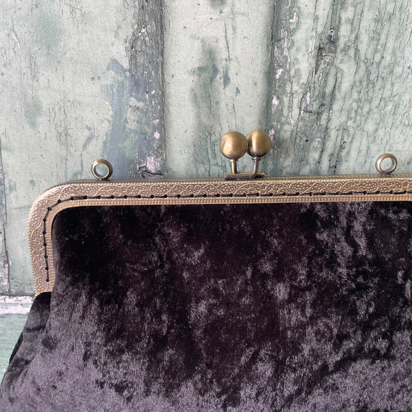 Black Crushed Velvet 8 Inch Bronze Clasp Purse Frame Clutch Bag