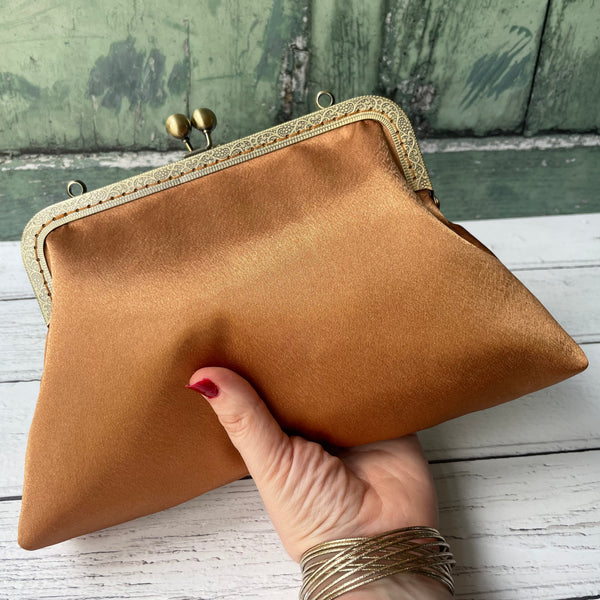 Copper Bronze Satin 8 Inch Bronze Clasp Purse Frame Clutch Bag
