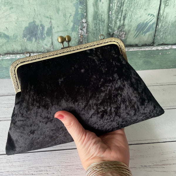 Black Crushed Velvet 8 Inch Bronze Clasp Purse Frame Clutch Bag