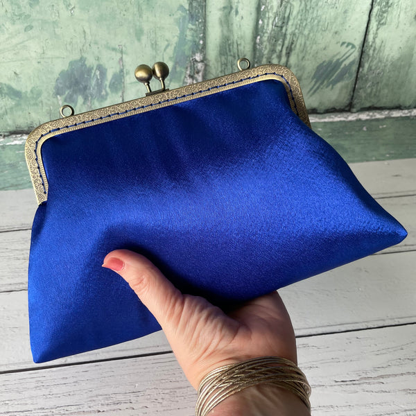 Cobalt Blue Satin 8 Inch Bronze Clasp Purse Frame Clutch Bag