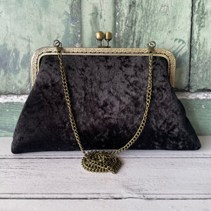 Black Crushed Velvet 8 Inch Bronze Clasp Purse Frame Clutch Bag