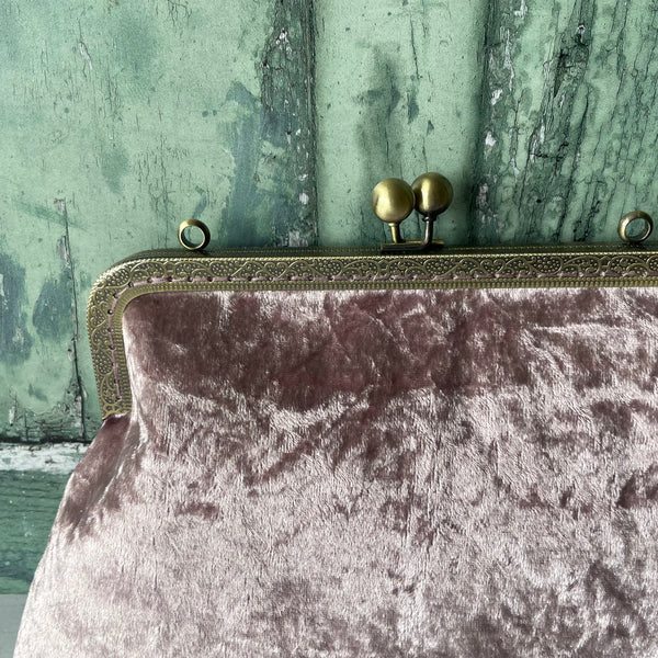 Light Mauve Crushed Velvet 8 Inch Bronze Clasp Purse Frame Clutch Bag