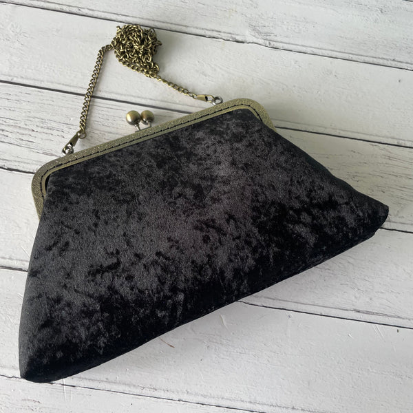 Black Crushed Velvet 8 Inch Bronze Clasp Purse Frame Clutch Bag