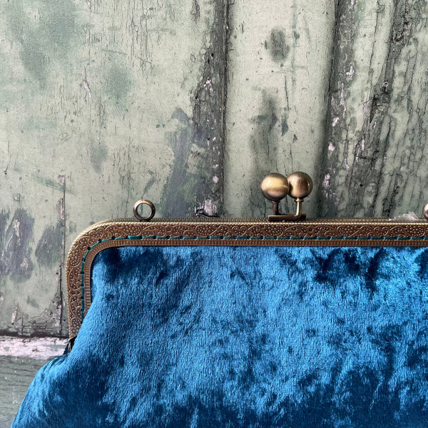 Petrol Blue Crushed Velvet 8 Inch Bronze Clasp Purse Frame Clutch Bag