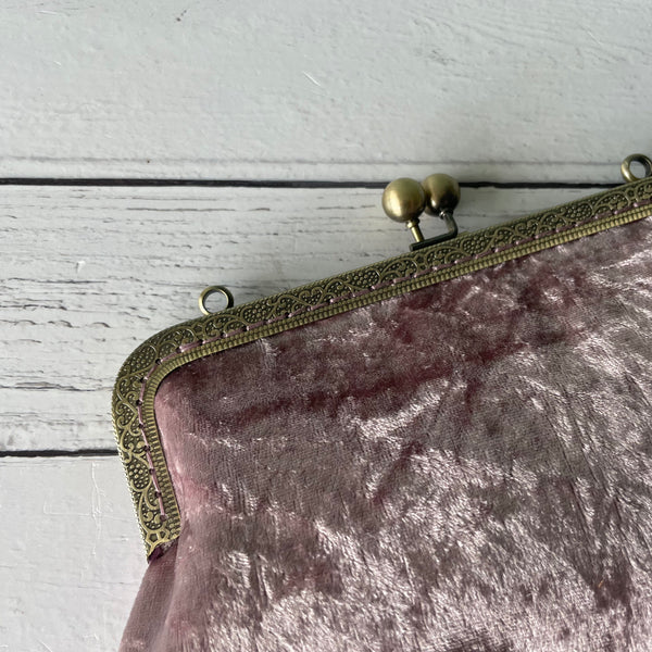 Light Mauve Crushed Velvet 8 Inch Bronze Clasp Purse Frame Clutch Bag