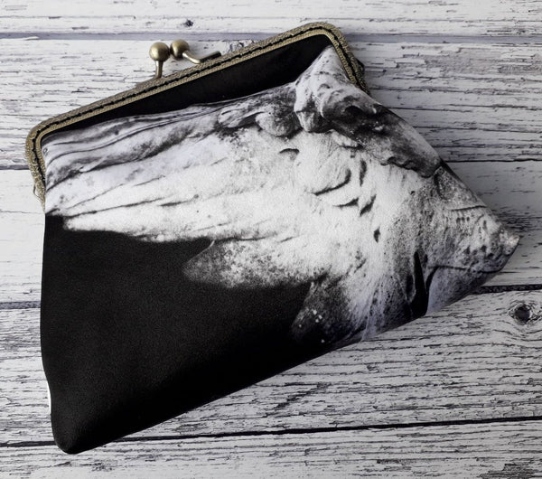Black and Grey Stone Guardian Angel Satin 5.5 Inch Clasp Purse Frame Clutch Bag