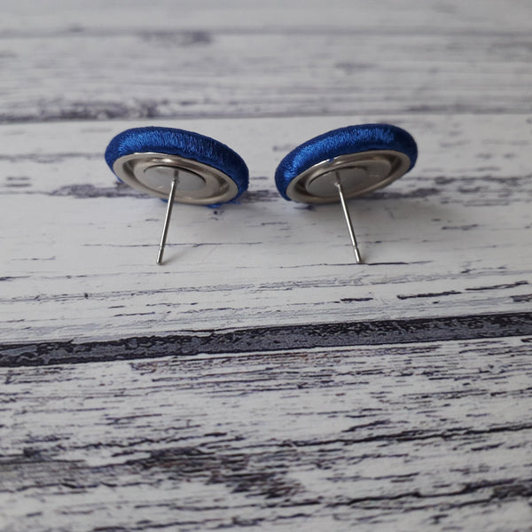 Royal Blue Satin Fabric Button Stud Earrings