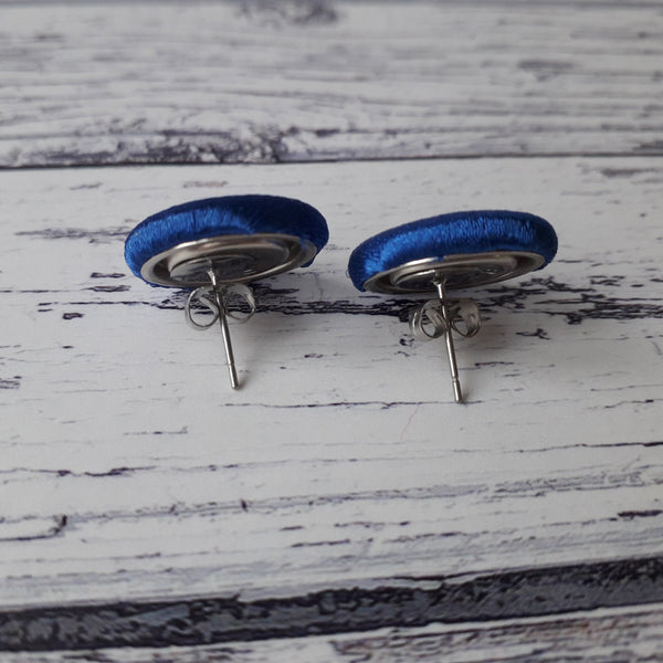 Royal Blue Satin Fabric Button Stud Earrings
