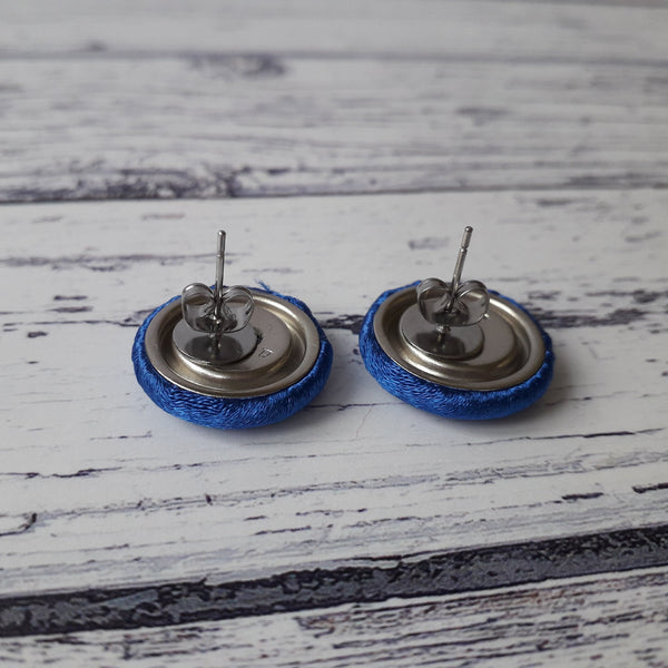 Royal Blue Satin Fabric Button Stud Earrings