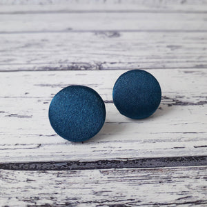 Petrol Blue Satin Fabric Button Stud Earrings